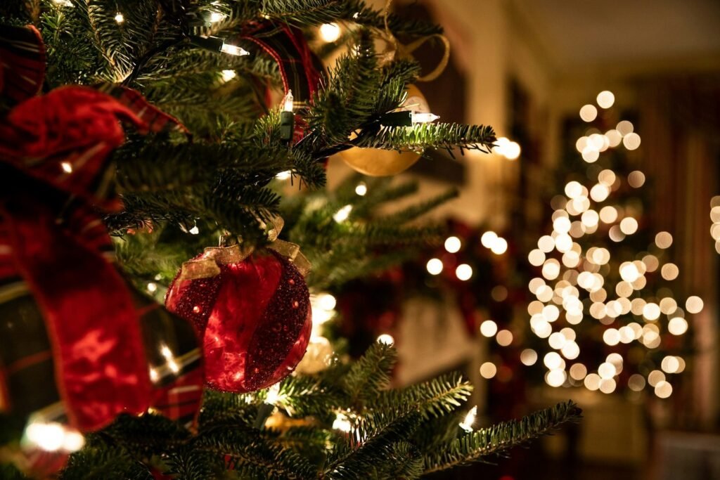 A decorated Christmas tree with a red ornament, plaid ribbon and warm white lights, with out-of-focus lights behind it