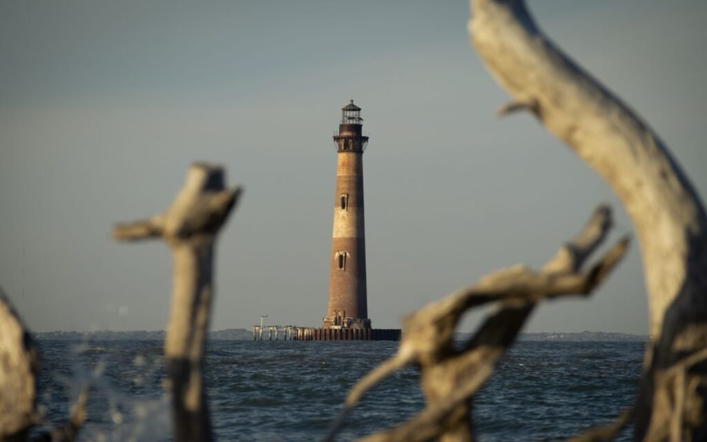 Morris Island Lighthouse standing offshore in calm water, framed by bleached driftwood in evening light