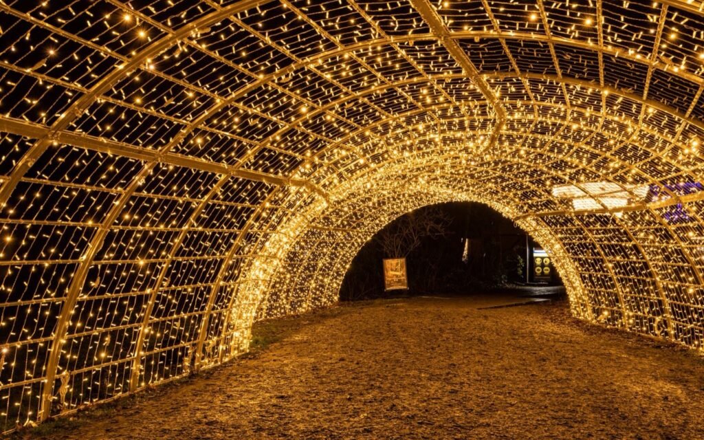 Walk-through tunnel of warm yellow LED lights arching over a path at night