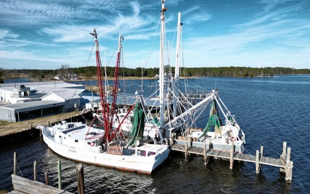 Shrimp trawlers with tall rigging tied up at a wooden dock on a wide blue river