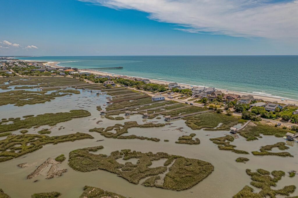 Aerial view of tidal creeks and salt marsh meeting a long beach with houses along the dunes