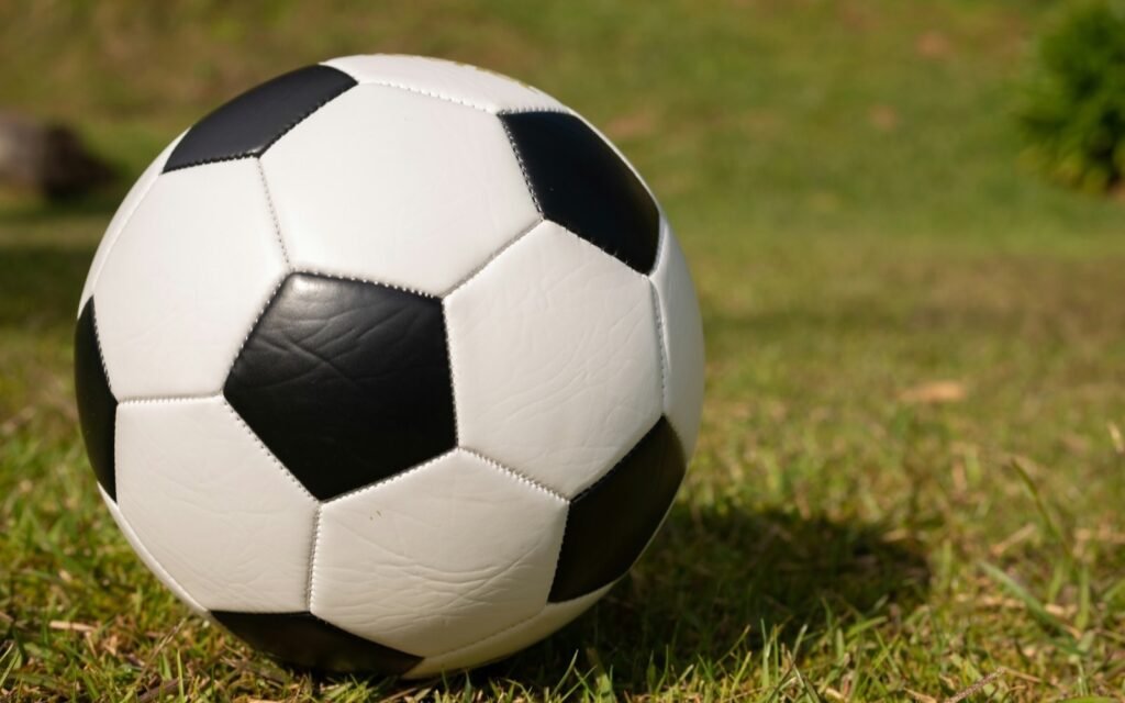 Black and white soccer ball resting on green grass in the sunshine