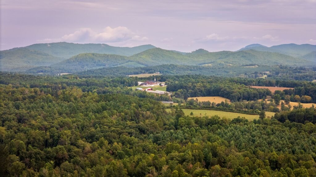Aerial view of green forest, farm fields and distant blue mountains under a cloudy sky