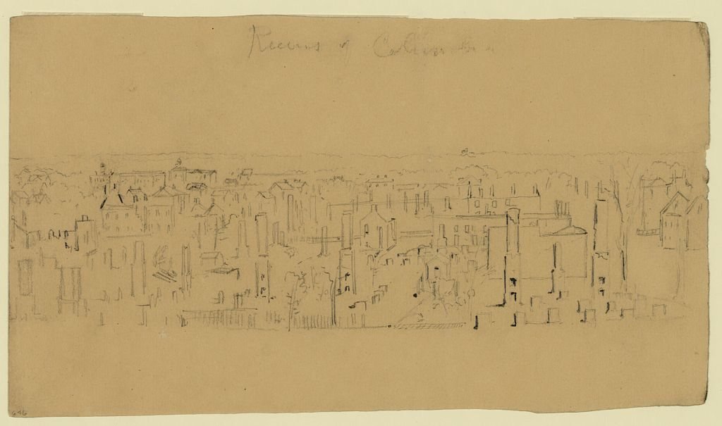 Pencil sketch of the burned-out ruins of Columbia, with standing chimneys and roofless walls