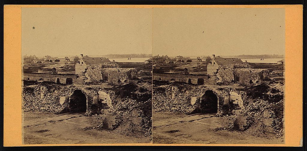 Stereograph of Fort Moultrie's damaged brick walls and arched casemate on Sullivan's Island