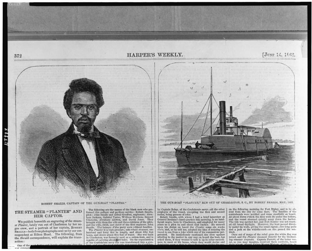Harper's Weekly page with an engraved portrait of Robert Smalls and the gunboat Planter